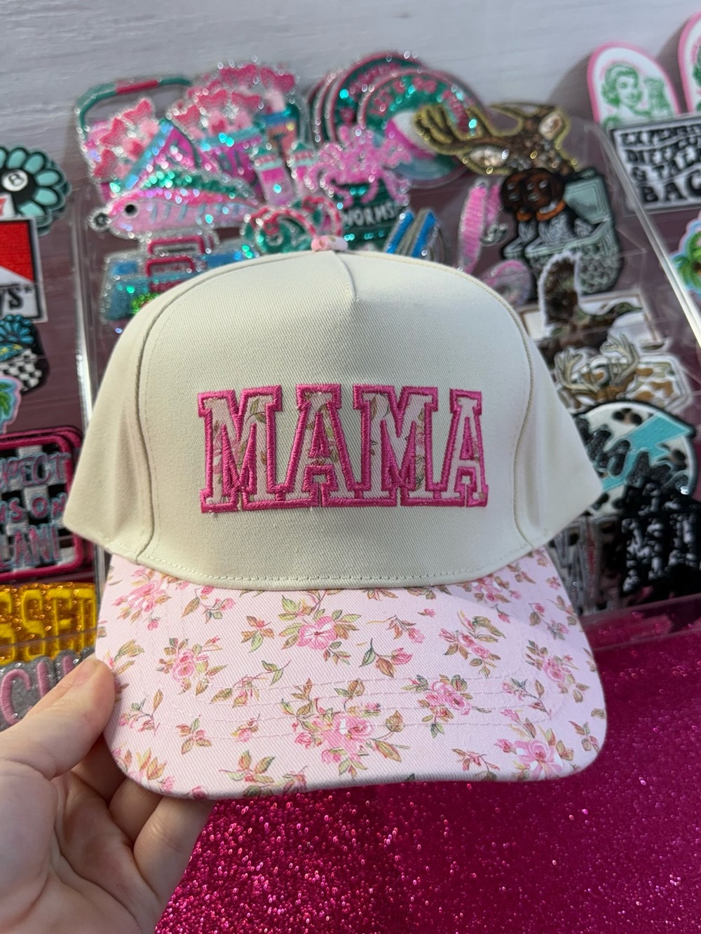 OTTO Cream and Pink Floral "MAMA" Cap